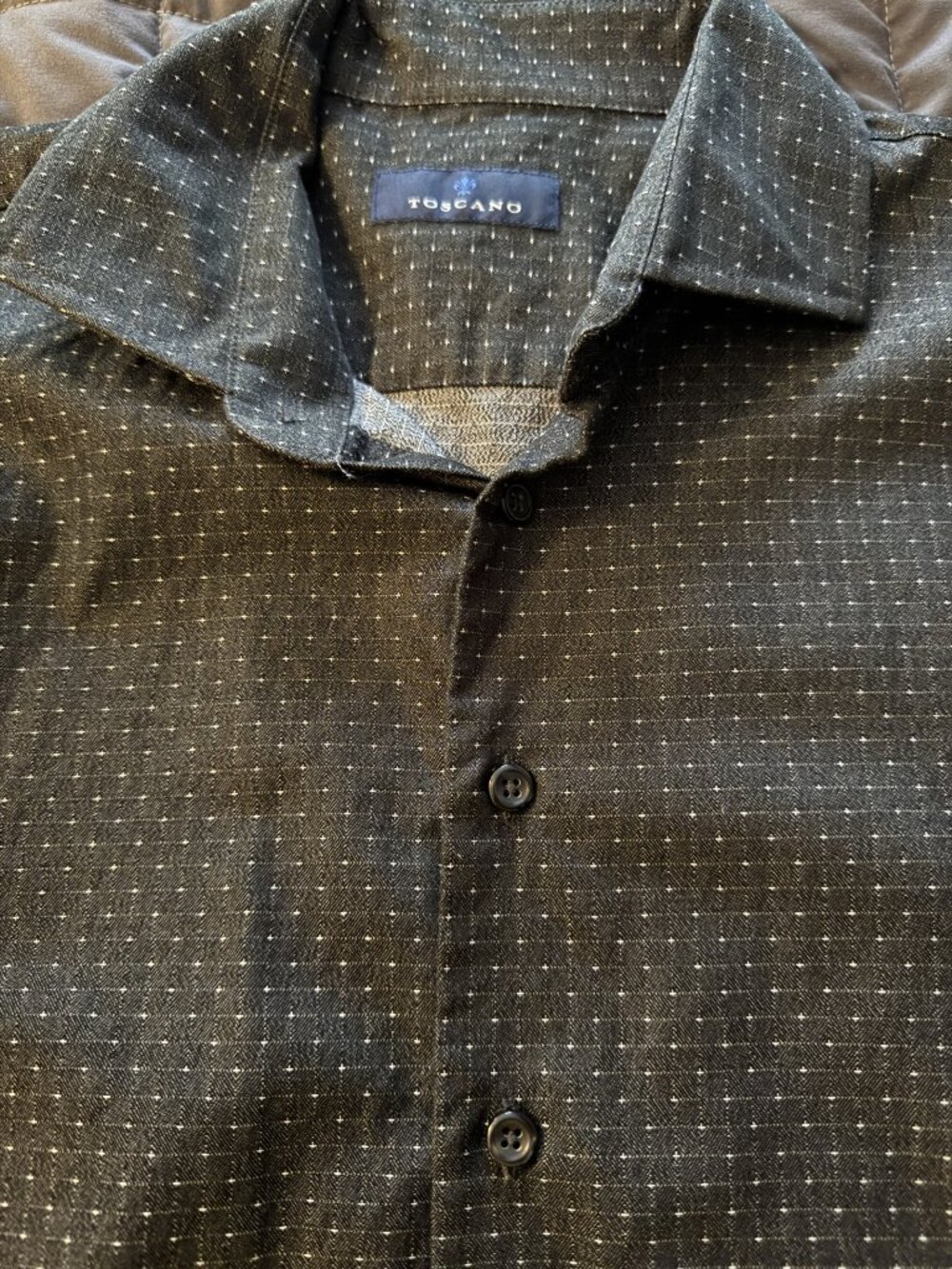 Toscano Mens Black Button-Down Shirt White Dot Pattern Size Large 100% Cotton